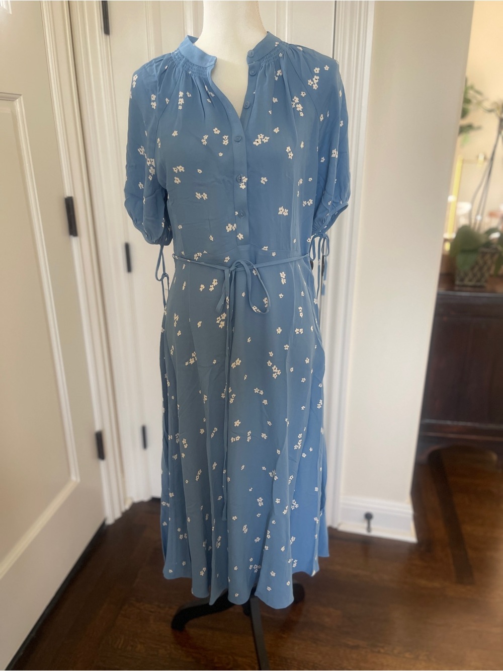 & Other Stories Dusty Blue Floral Midi Dress with Waist Tie